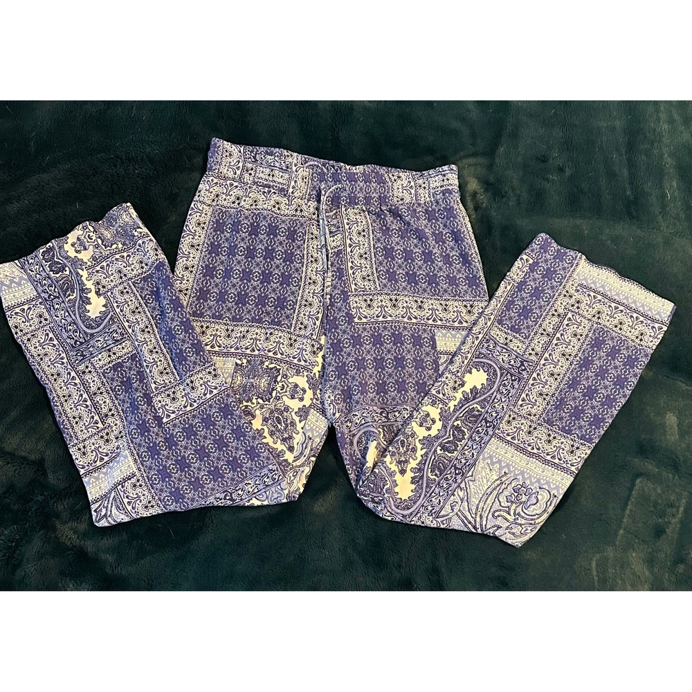 Blue Patchwork Paisley Wide Leg Boho Pants Elastic Waist Bandana‎ Print